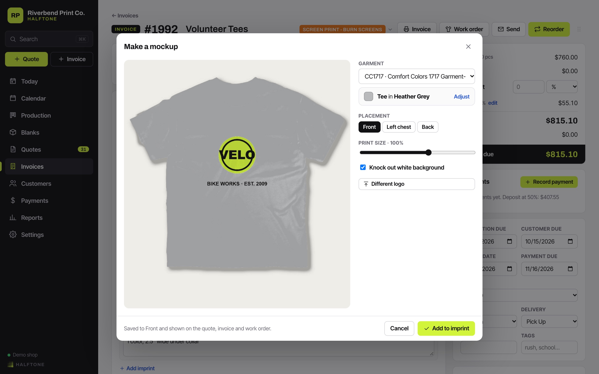 The mockup maker putting a logo on a navy tee