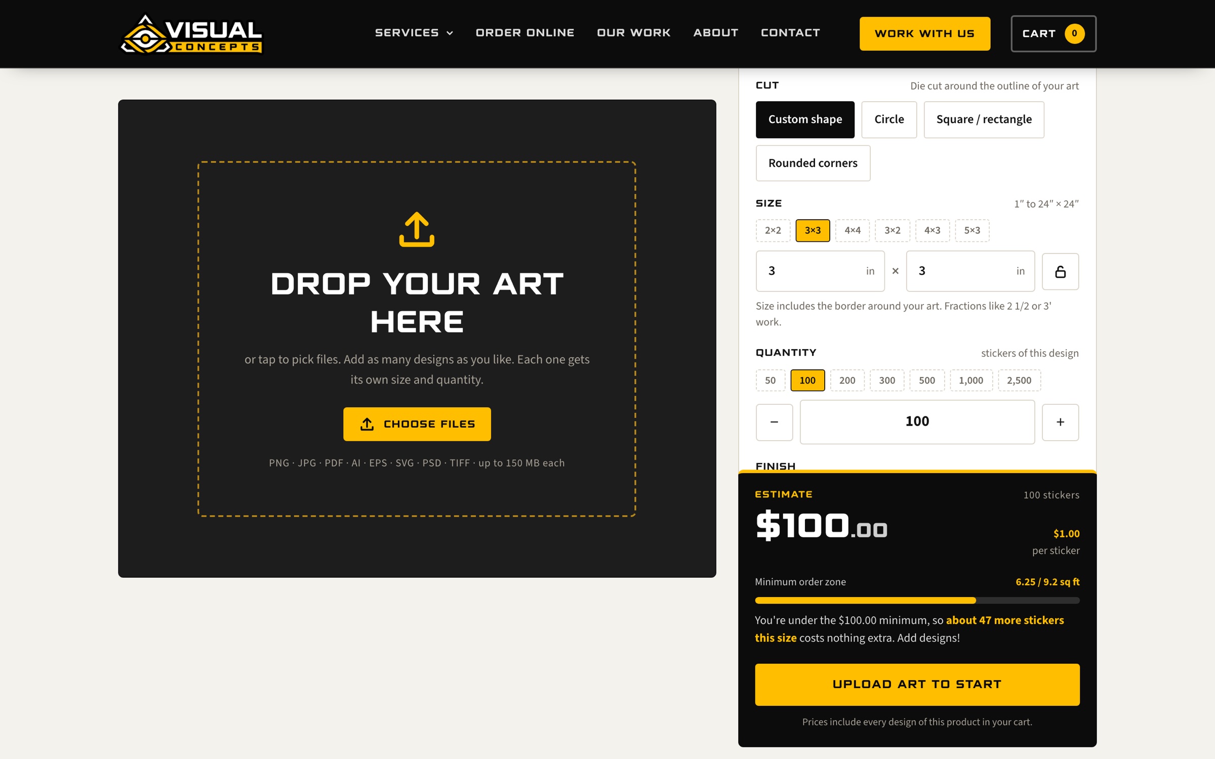 The custom sticker page with size, quantity and a live estimate