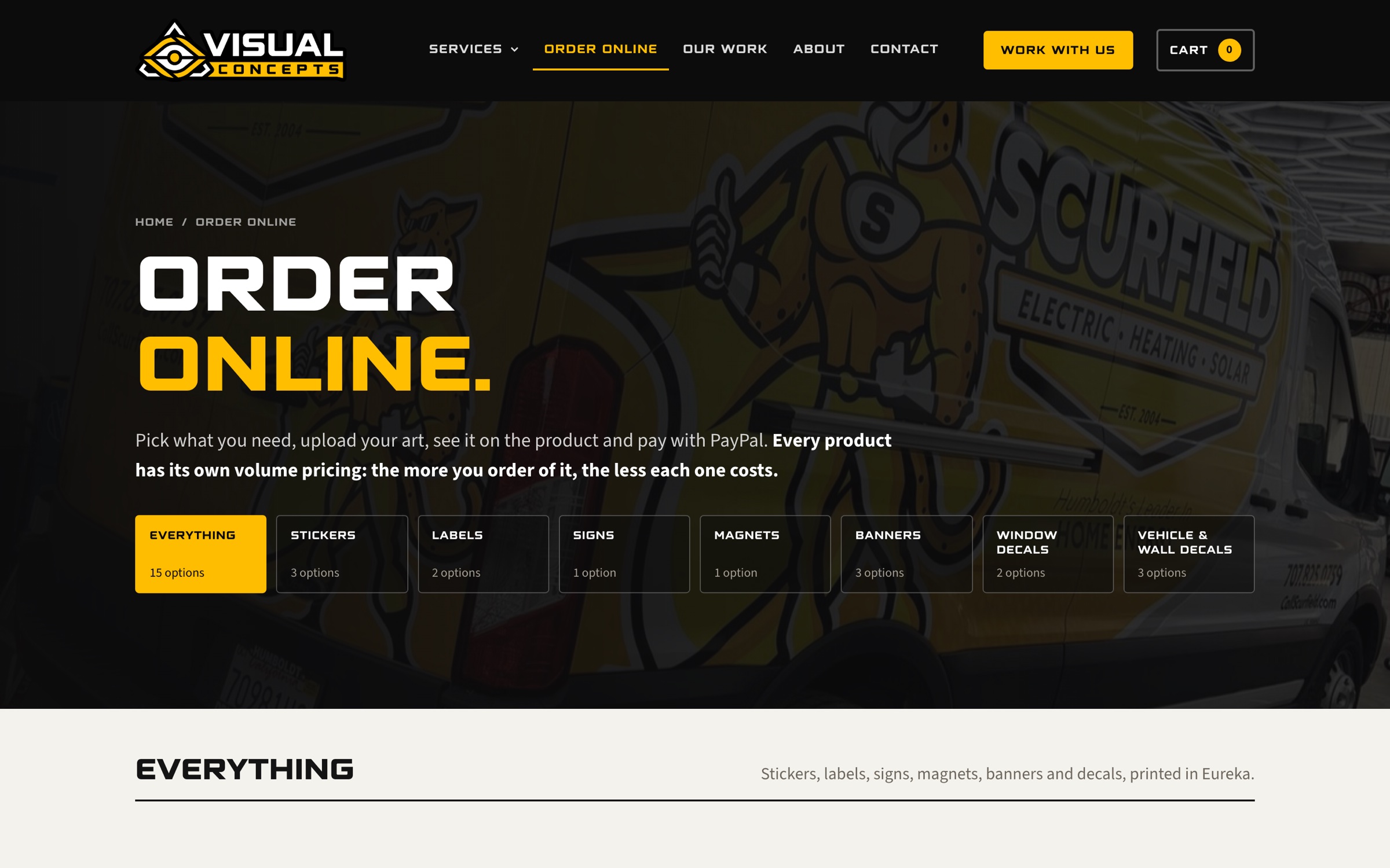 The online ordering page with products and starting prices